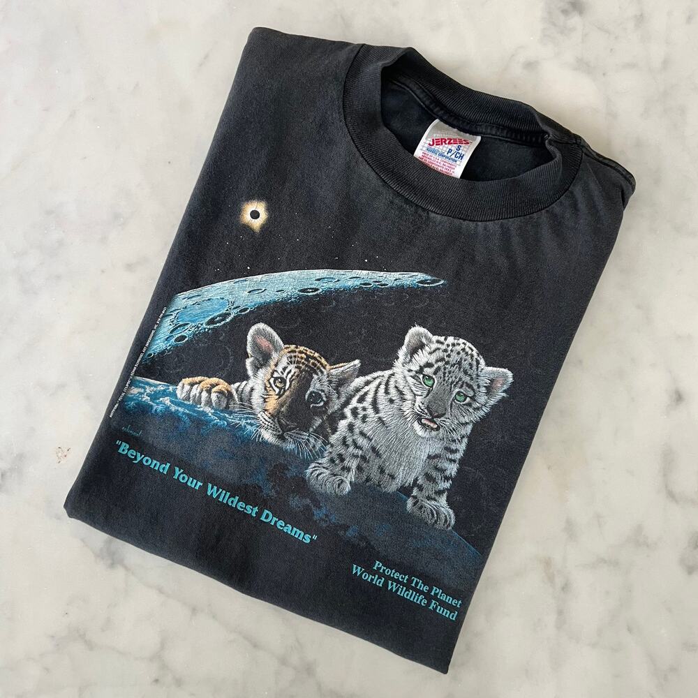 Vintage 90s World Wildlife Fund Protect The Planet Tee with Tiger Cubs in Space